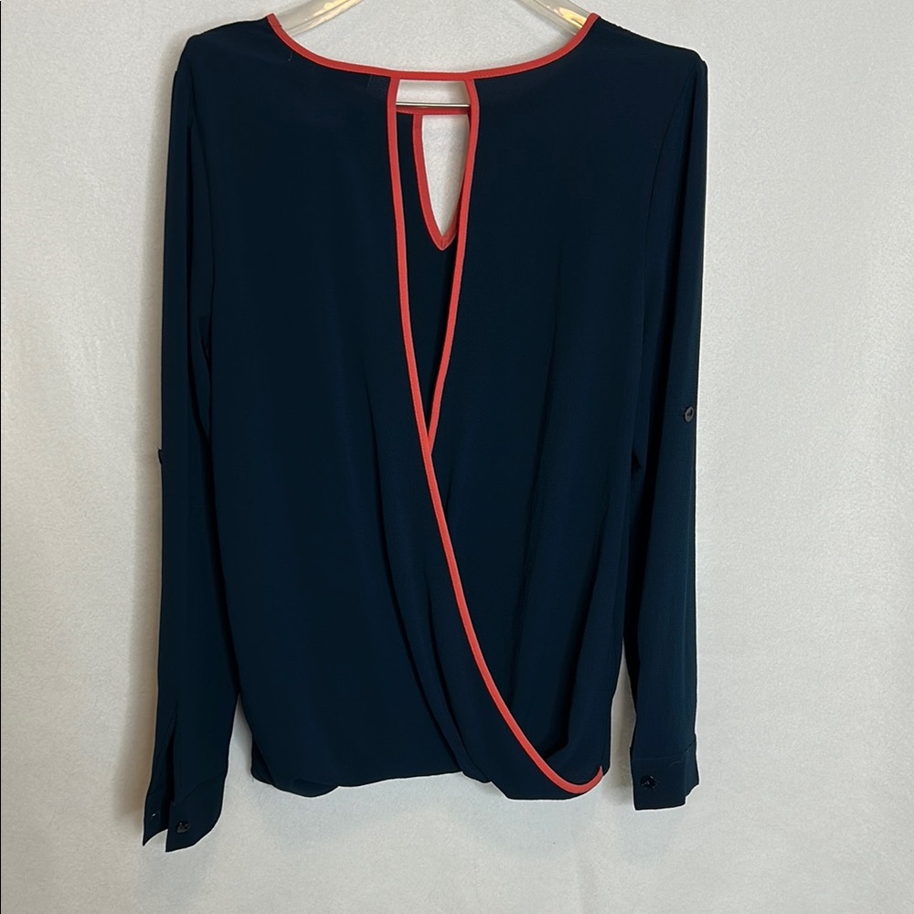 Navy Blue Long Sleeve Top with Salmon Colored Trim - Picture 5 of 7